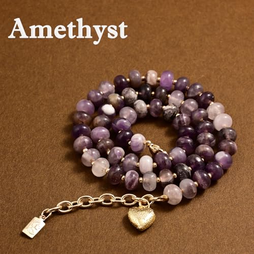 Boho Gemstone Beaded Necklace for Women – Colorful Natural Stone Choker 18K Solid Heart-Shaped Pendant, Summer Beach Jewelry - color: Amethyst