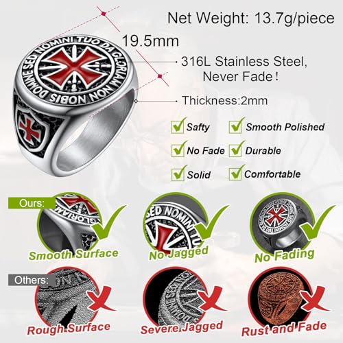 FaithHeart Mens Stainless Steel Crusader Jerusalem Cross Ring with 18K Gold Plated Two Tone Ring Size 7,8,9,10,11,12 - color: 02. Crusader Cross-Silver