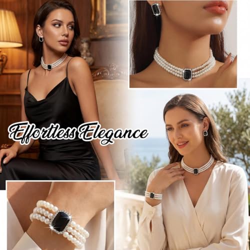 Brishow Pearl Necklace Jewelry Set Wedding Pearls Earrings Necklaces Set Bridal Crystal Bracelet Jewelry for Women (Pack of 3) - color: Black, size: 3 Layered