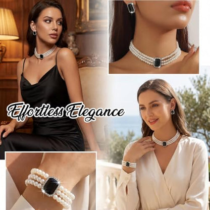 Brishow Pearl Necklace Jewelry Set Wedding Pearls Earrings Necklaces Set Bridal Crystal Bracelet Jewelry for Women (Pack of 3) - color: Black, size: 3 Layered