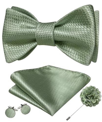 YOHOWA Bow Ties for Men Self-tied Silk Bowtie Solid Color with Lapel Pin and Handkerchief Cufflinks for Wedding Party Prom - color: Sage Green