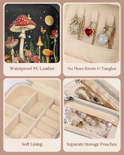 Bistup Travel Jewelry Case - Small Jewelry Organizers and Storage Box for Women Girls Teens Cute Traveling Jewelry Holder with Mirror Little Tiny Compact Modern Unique Aesthetic Pretty, Mushroom - style: Mushroom
