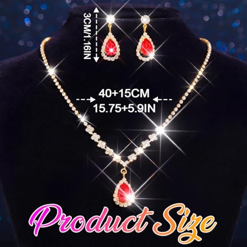 Unicra Bride Crystal Necklace Earrings Set Bridal Wedding Jewelry Sets Rhinestone Choker Necklace Prom Costume Jewelry Set for Women and Brides - color: Gold Red