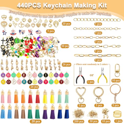 440Pcs Keychain Making Kit, DIY Craft Supplies with Charms Keychain Tassels | Keychain Clip Hooks, Jump Rings, Key Rings, Extender Chains & Tools for DIY Crafting - size: 440pcs kit