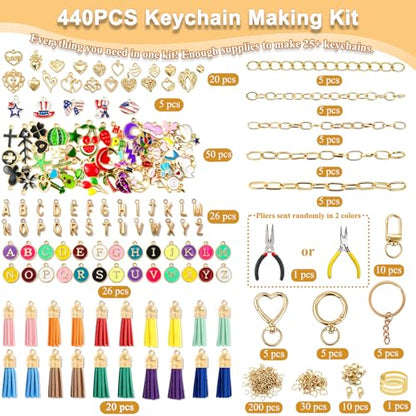 440Pcs Keychain Making Kit, DIY Craft Supplies with Charms Keychain Tassels | Keychain Clip Hooks, Jump Rings, Key Rings, Extender Chains & Tools for DIY Crafting - size: 440pcs kit