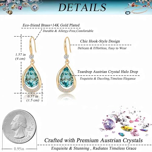 Austrian Crystal Halo Teardrop Hollow Drop Dangle Earrings for Women 14K Rose Gold Plated Hypoallergenic Jewelry Gifts - color: Aquamarine