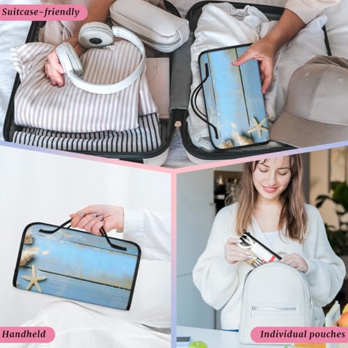 Blue Ocean Beach Seashell Starfish Themed Hanging Roll Up Cosmetic Bag with 4 Removable Storage Bags Waterproof Foldable Toiletry Kit for Women - color: Multicolor 3