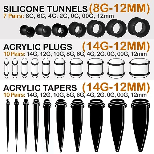 BodyJ4You 54PC Ear Stretching Kit 14G-12mm - Aftercare Jojoba Oil - Acrylic Plugs Gauge Tapers Silicone Tunnels - Lightweight Expanders Men Women - color: Black, Blue