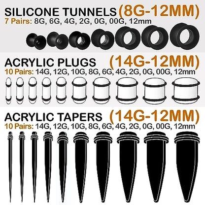 BodyJ4You 54PC Ear Stretching Kit 14G-12mm - Aftercare Jojoba Oil - Acrylic Plugs Gauge Tapers Silicone Tunnels - Lightweight Expanders Men Women - color: White