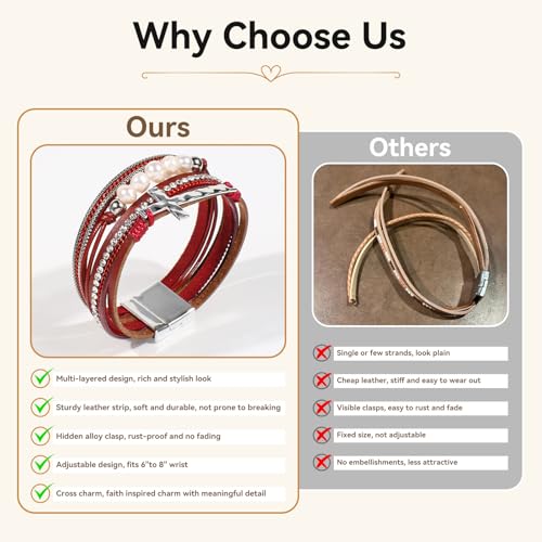 Vercret Leather Wrap Bracelet for Women, Multi-Layer Cuff Bangle | Boho Stacked Bracelets with Safe Clasp Western Bangle Jewelry Gift for Lady and Mom Sister Friend - style: Red