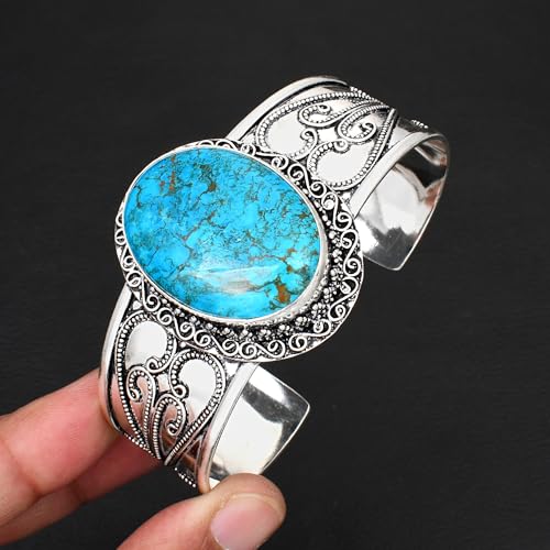 Silver Plated Statement Cuff Bangle Bracelet for Women – Handcrafted Wide Boho Bracelet with Natural Stone Inlay (Abalone Shell, Blue Turquoise, Malachite) Ideal Gift For Birthday Anniversaries Adjustable Fashion Jewelry - color: Blue Turquoise