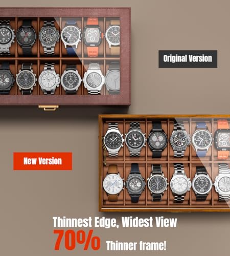 Watch Case Box for Men - Ultra-thin Frame Wide Display 14 Slots 2-Layer Wooden Grain Watch Sunglass Storage Organizer, Real Glass Lid Display Case Gift for Dad Husband - size: 14 Slots, Wooden Pattern