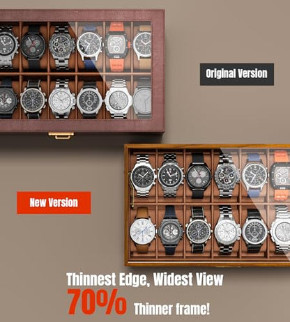 Watch Case Box for Men - Ultra-thin Frame Wide Display 14 Slots 2-Layer Wooden Grain Watch Sunglass Storage Organizer, Real Glass Lid Display Case Gift for Dad Husband - size: 14 Slots, Wooden Pattern