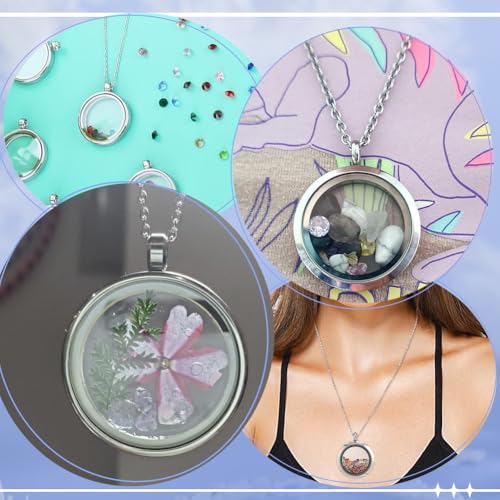 1 Box Stainless Steel 6Pcs Round Memory Locket Floating Memory Glass Necklace Chain Cubic Zirconia Cabochons Polished Keepsake Living Locket Necklace for Pendant Women Friendship Decoration - style: silver