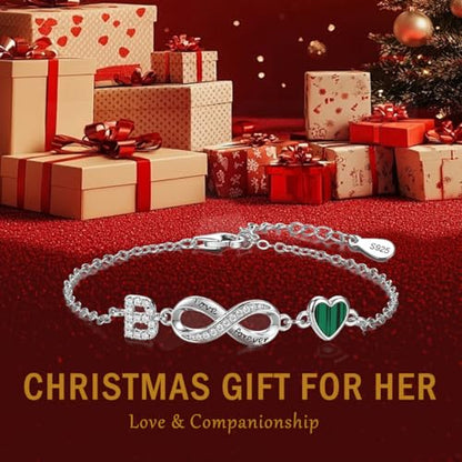 925 Sterling Silver Adjustable Letter Bracelets Infinity Heart Emerald Charm Link Bracelet ，Personalized Charm Alphabet Jewelry Valentines Christmas Mother’s Day Birthday Gifts - color: B