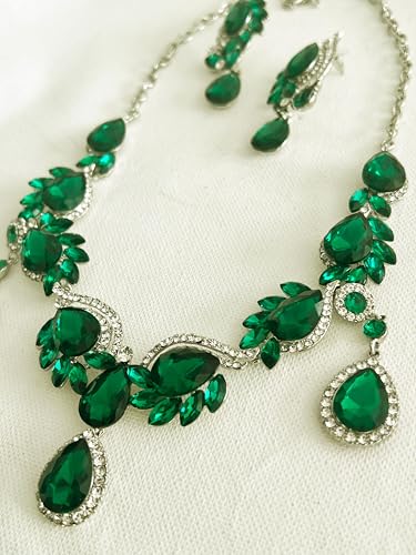 Secret for Longevity Silver Tone Antique Art Deco Vintage Retro Style Flapper Gatsby Dark Green Hunter Emerald Rhinestone Statement Wedding Bridal Prom Necklace Earring Set