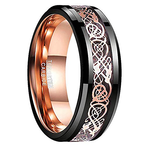 NUNCAD Men's Wedding Band 8mm Black Tungsten Carbide Ring Celtic Dragon Inlay Polished Finish Size 5-15 - color: B-Black & Rose Gold