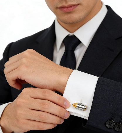 HZMAN Bullet Cufflinks for Men, Stainless Steel Two-Tone High Polished Novelty Cuff Links, Dress Shirt Accessories for Wedding Business Party