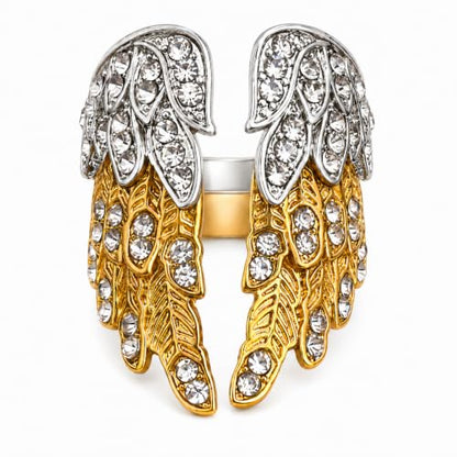 Angel Wing Adjustable Ring Set, Gold Silver Stackable Open Rings with Rhinestone Feather Design, Statement Jewelry for Women Party Daily Wear