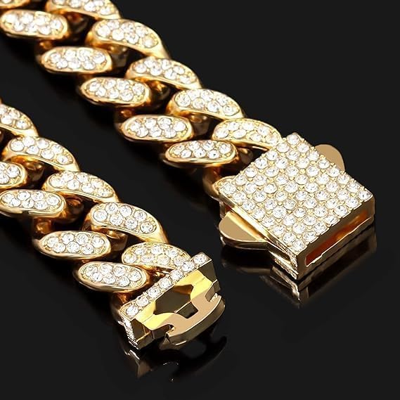 Mens and Womens Miami Cuban Link Chain Necklace 12mm Diamond Prong Cuban Chain 18/20/24inch Length Hip Hop Jewely - color: Gold, size: 20 inch