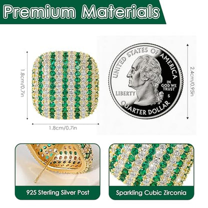 18K Gold Plated Chunky Square & Round Cubic Zirconia Stud Earrings for Women, Hypoallergenic 925 Silver Post Simulated Diamond Wedding Prom Party Bridesmaid Daily Fine Jewelry Gift for Mom Wife Friend - color: EA355-Square-Gold Green