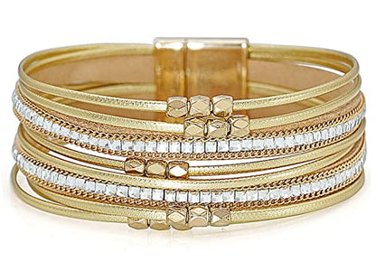 Multi-layer Leather Bracelets Multi-strand Wrap Bracelets Handmade Braided Rope Cuff Bangle with Magnetic Buckle Jewelry - color: Crystal Gold