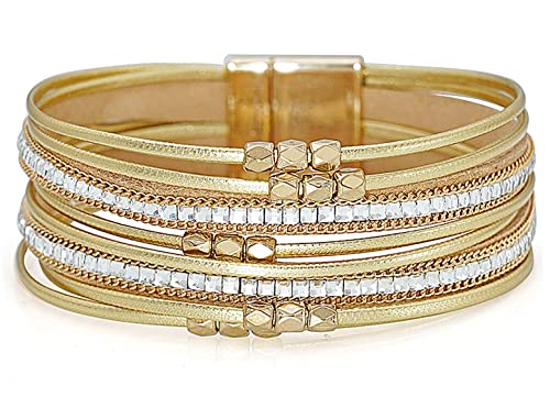 Multi-layer Leather Bracelets Multi-strand Wrap Bracelets Handmade Braided Rope Cuff Bangle with Magnetic Buckle Jewelry - color: Crystal Gold
