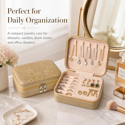 Travel Jewelry Box, Jewelry Box with Embossed PU Leather Small Jewelry Organizer Case with Zipper, Velvet Lined Ring Earring Necklace Case for Travel, 6.3 x 4.7 x 2.4 in - color: Golden