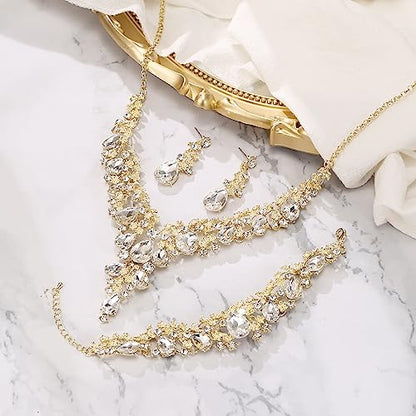 BriLove Women's Wedding Bridal Austrian Crystal Teardrop Flower Cluster Statement Necklace Dangle Earrings Jewelry Set for Party Prom - color: 3Pcs-Clear Gold-Tone