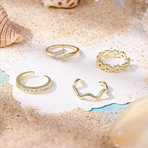 14K Gold Plated Toe Rings for Women Non Tarnish Adjustable Silver Gold Toe Ring Cubic Zirconia Daisy Flower Dainty Toe Rings Set Open Simple Band Ring Summer Beach Foot Jewelry - color: B-Gold