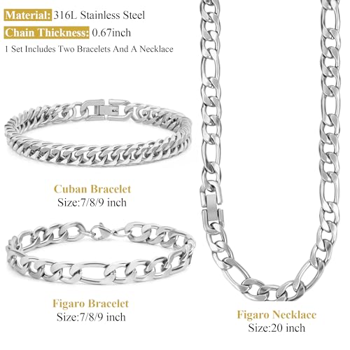 3PCS Figaro Necklace Bracelet Cuban Bracelet, Silver Gold Black Sturdy 316L Stainless Steel Cuban Link Figaro Chain for Men Jewelry Set with Gift Message Card 8mm, 7/8/9 Inches - color: Silver, size: Bracelet width:7 inches
