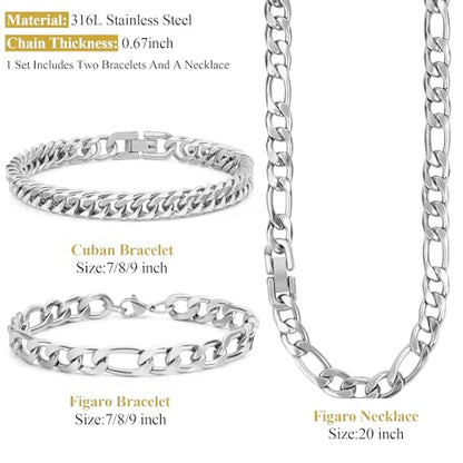 3PCS Figaro Necklace Bracelet Cuban Bracelet, Silver Gold Black Sturdy 316L Stainless Steel Cuban Link Figaro Chain for Men Jewelry Set with Gift Message Card 8mm, 7/8/9 Inches - color: Silver, size: Bracelet width:8 inches