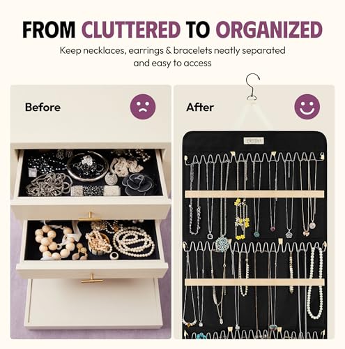 Hanging Jewelry Organizer 34.7 x 17.2 inches XL Size with Clear Pockets & Hooks – Double-Sided Necklace, Earrings & Rings Storage Holder – Space-Saving Closet Organizer for Women