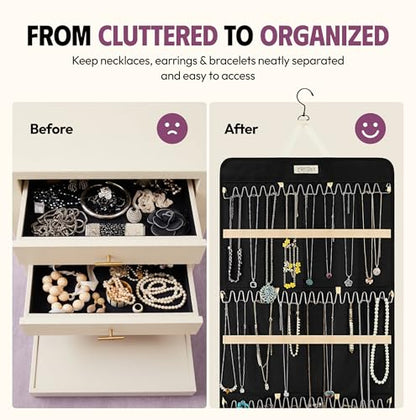 Hanging Jewelry Organizer 34.7 x 17.2 inches XL Size with Clear Pockets & Hooks – Double-Sided Necklace, Earrings & Rings Storage Holder – Space-Saving Closet Organizer for Women