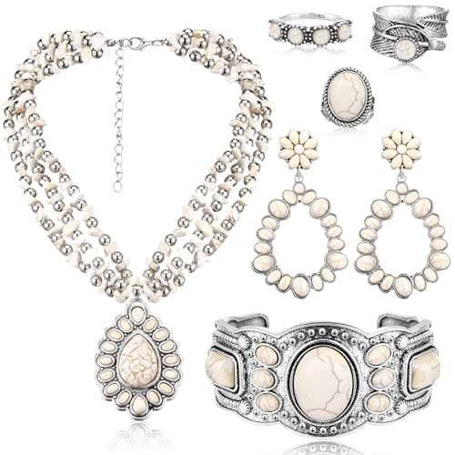 Ecally Bohemian Western Jewelry Turquoise Set Women Country Pendant Long Choker Layered Bracelets Earrings Ring for Women - color: White, style: Shiny