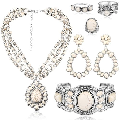Ecally Bohemian Western Jewelry Turquoise Set Women Country Pendant Long Choker Layered Bracelets Earrings Ring for Women - color: White, style: Shiny