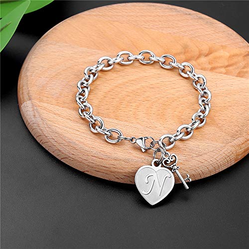 M MOOHAM Heart Initial Bracelets for Girls Women - Engraved 26 Letters Initial Charms Bracelet Stainless Steel Bracelet Birthday Christmas Jewelry Gift for Women Teen Girls - style: N - Heart
