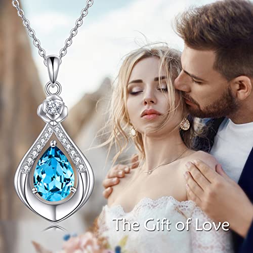 VONALA Sterling Silver Necklace Moss Agate/Turquoise/Larimar/Aquamarine/Opal/Black Onyx/Rose Quartz/Moonstone Pendant Teardrop Necklace Jewelry Gift for Women - style: Aquamarine