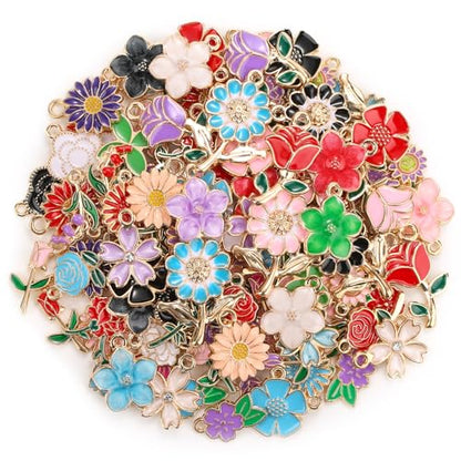 Mckanti 150Pcs 75 Pairs Spring Flower Charms for Jewelry Making and Bracelets, Wholesale Floral Assorted Enamel Mixed Bulk Metal Charms for DIY Necklace Bracelet Earring Jewelry Making and Crafting - style: Flower Charms