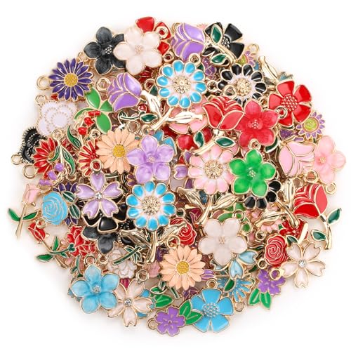 Mckanti 150Pcs 75 Pairs Spring Flower Charms for Jewelry Making and Bracelets, Wholesale Floral Assorted Enamel Mixed Bulk Metal Charms for DIY Necklace Bracelet Earring Jewelry Making and Crafting - style: Flower Charms