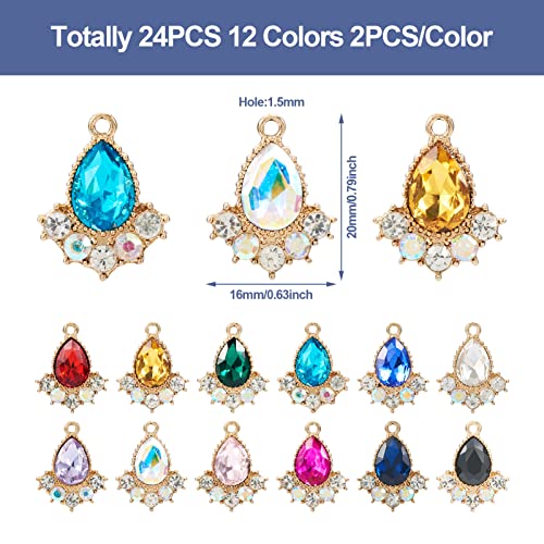 Cheriswelry 24Pcs Faceted Glass Teardrop Alloy Pendants Rhinestone Crystal Water Drop Dangle Charms 12 Colors 20x16x5mm for Necklace Bracelet Earring Jewelry Making - color: Mixed Color*17