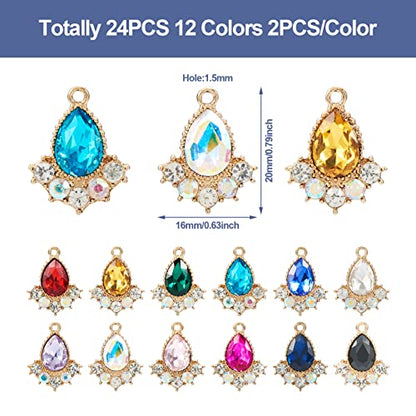 Cheriswelry 24Pcs Faceted Glass Teardrop Alloy Pendants Rhinestone Crystal Water Drop Dangle Charms 12 Colors 20x16x5mm for Necklace Bracelet Earring Jewelry Making - color: Mixed Color*17