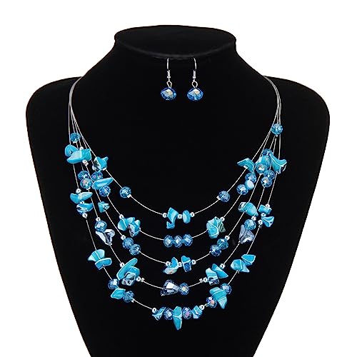 Multi-Layer Boho Shell Beaded Necklace for Women Colorful Crystal Strand with Silver Beads Statement Collars Necklace and Earrings Costumes Jewelry Sets for Women - color: 45-Turquoise