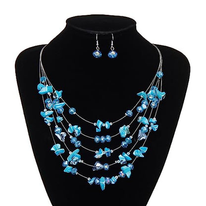 Multi-Layer Boho Shell Beaded Necklace for Women Colorful Crystal Strand with Silver Beads Statement Collars Necklace and Earrings Costumes Jewelry Sets for Women - color: 45-Turquoise