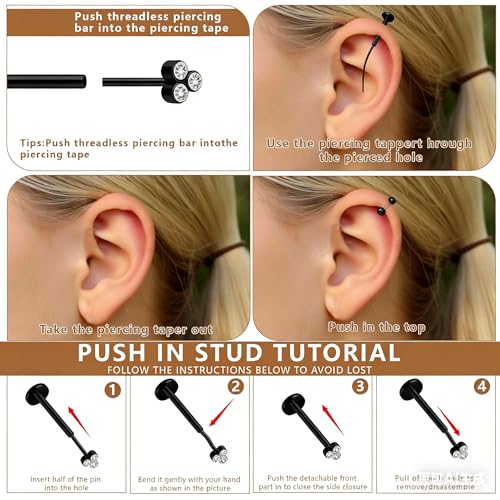 15Pcs 20G/18G/16G Flat Back Push in Stud Earrings 316L Surgical Stainless Threadless nose rings Medusa Piercing Jewelry Hypoallergenic Labret Studs Lip Rings ring for Women Men Be Equipped With Ball Grabber Tool - color: Black, size: 16G(1.2mm)