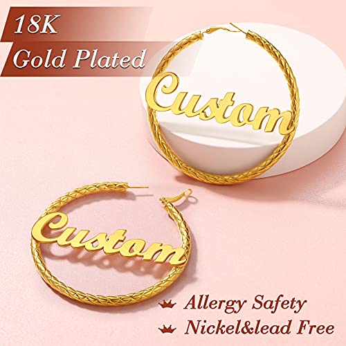 FindChic Chunky Hoop Earrings for Women, Silver/Black/14K Gold Plated Crossover Patterned Hollow Tube Rounded Loop Earrings, 30mm/40mm/60mm/80mm Hoops with Custom Name Options and Gift Box - color: f.Gold (Custom Name), size: 80MM