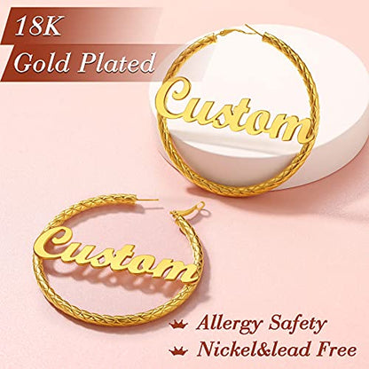 FindChic Chunky Hoop Earrings for Women, Silver/Black/14K Gold Plated Crossover Patterned Hollow Tube Rounded Loop Earrings, 30mm/40mm/60mm/80mm Hoops with Custom Name Options and Gift Box - color: f.Gold (Custom Name), size: 80MM