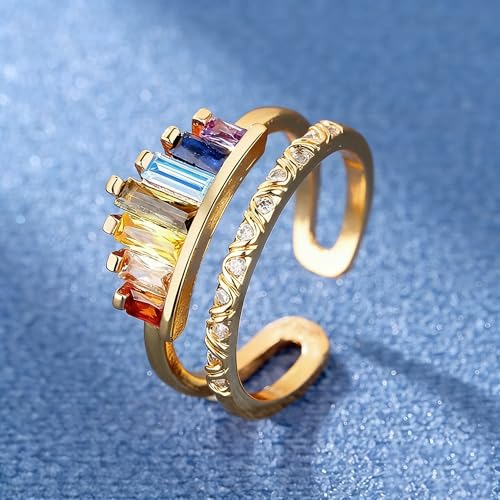 MALOYANVE Rhinestone Crown Open Ring for Women, Colorful Crystal Cubic Zirconia, Rainbow, Adjustable, Elegant Princess Queen Statement Promise Wedding Jewelry - color: Gold
