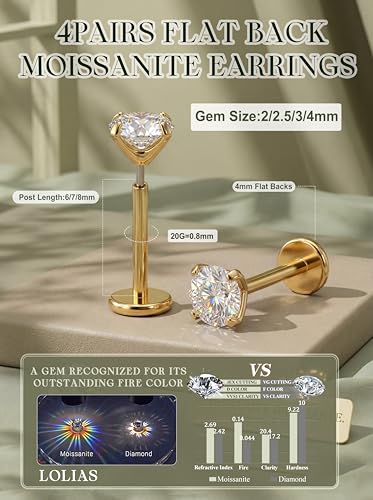 LOLIAS 4Pairs Moissanite Flat Back Earrings Hypoallergenic Nose Rings Studs | Threadless,Push in,Flatback,Surgical Steel,Cartilage Helix Tragus Labret Piercing Jewelry,Taper Ball Grabber Tool 20G 18G 16G - color: Gold, size: 16G