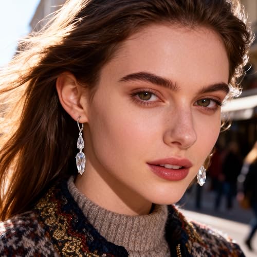 ALEXCRAFT Silver Long Teardrop Dangle Earrings for Women Hypoallergenic Cubic Zirconia Drop Leverback Earrings Trendy CZ 2-Stone Long Crystal Teardrop Dangle Earings for Jewelry Gifts - color: Silver